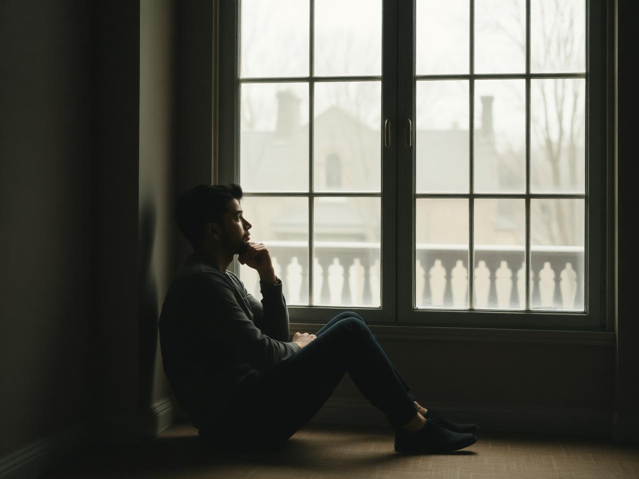 A person sitting quietly by a tall window in soft daylight